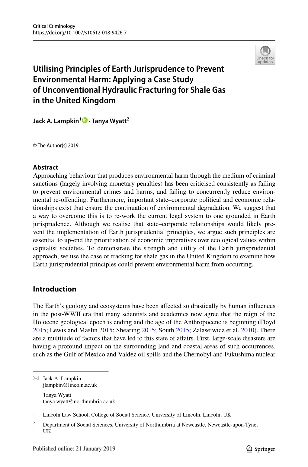 Utilising Principles of Earth Jurisprudence to Prevent Environmental Harm: Applying a Case Study of Unconventional Hydraulic