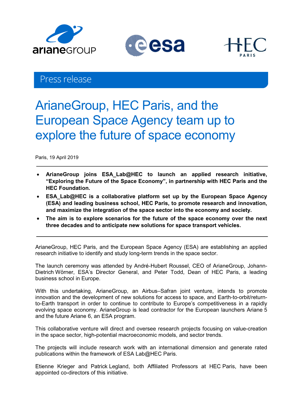 Arianegroup, HEC Paris, and the European Space Agency Team up to Explore the Future of Space Economy