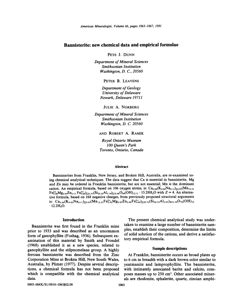 Bannisterite: New Chemical Data and Empirical Formulae