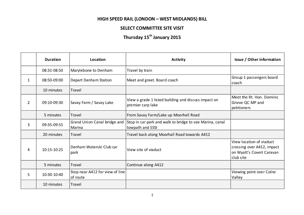 BILL SELECT COMMITTEE SITE VISIT Thursday 15Th January 2015