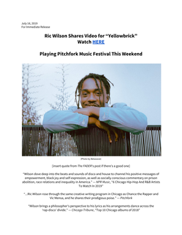 Ric Wilson Shares Video for “Yellowbrick” Watch HERE ​