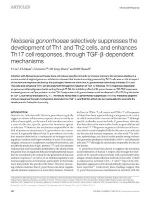 Neisseria Gonorrhoeae Selectively Suppresses the Development of Th1 and Th2 Cells, and Enhances Th17 Cell Responses, Through TGF- -Dependent Mechanisms