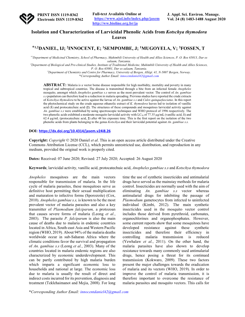 Isolation and Characterization of Larvicidal Phenolic Acids from Kotschya Thymodora Leaves