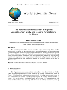 The Jonathan Administration in Nigeria: a Postmortem Study and Lessons for Dictators in Africa