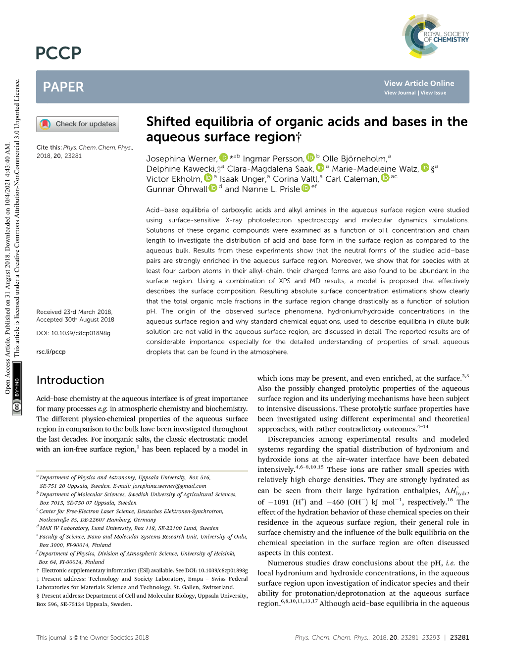 Shifted Equilibria of Organic Acids and Bases in the Aqueous Surface Region† Cite This: Phys