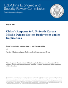 China's Response to U.S.-South Korean Missile Defense System