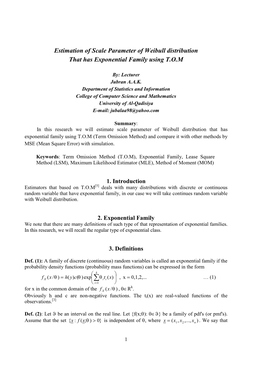 Estimation of Scale Parameter of Weibull Distribution That Has Exponential Family Using T.O.M