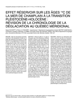 Effet Réservoir Sur Les Âges 14C De La Mer De Champlain À La Transition Pléistocène-Holocène : Révision De La Chronologie De La Déglaciation Au Québec Méridional