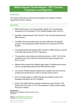 Milton Keynes Theme Report - 2011 Census Population and Migration