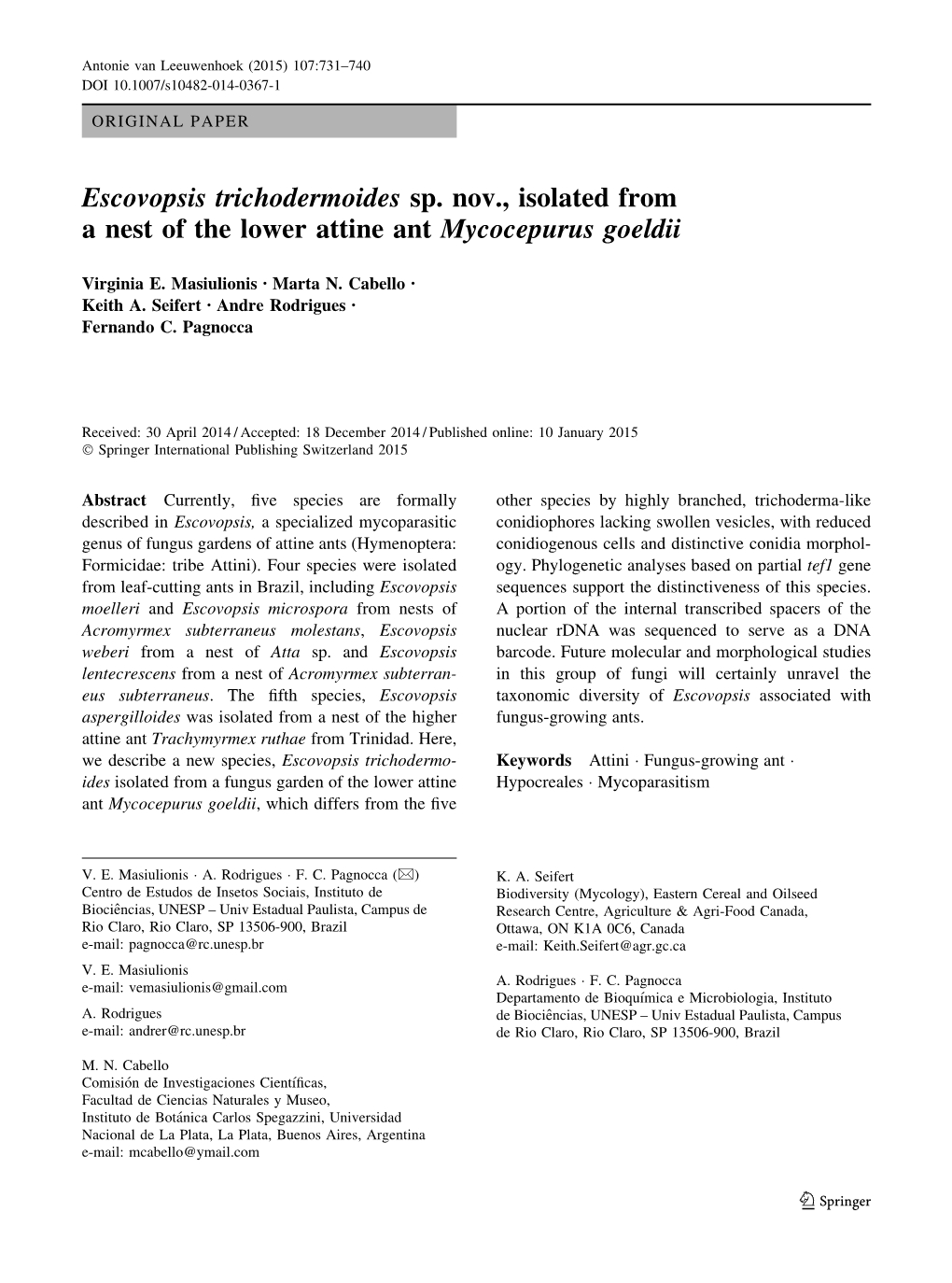 Escovopsis Trichodermoides Sp. Nov., Isolated from a Nest of the Lower Attine Ant Mycocepurus Goeldii