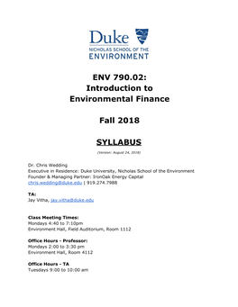 Introduction to Environmental Finance Fall 2018 SYLLABUS