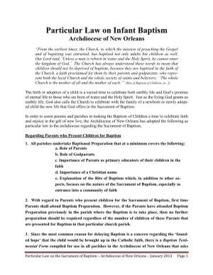 Particular Law on Infant Baptism Archdiocese of New Orleans