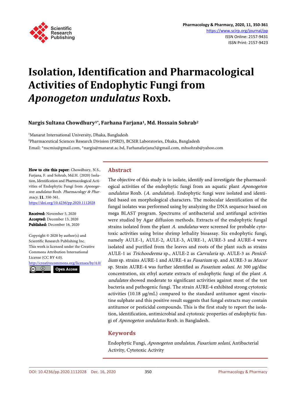 Isolation, Identification and Pharmacological Activities of Endophytic Fungi from Aponogeton Undulatus Roxb