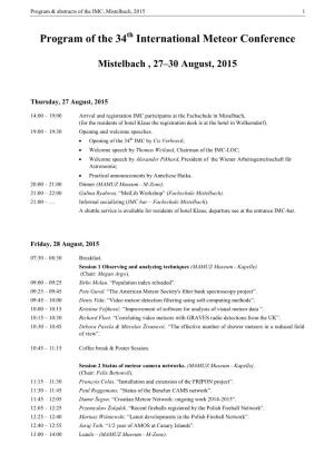 Program of the 34 International Meteor Conference