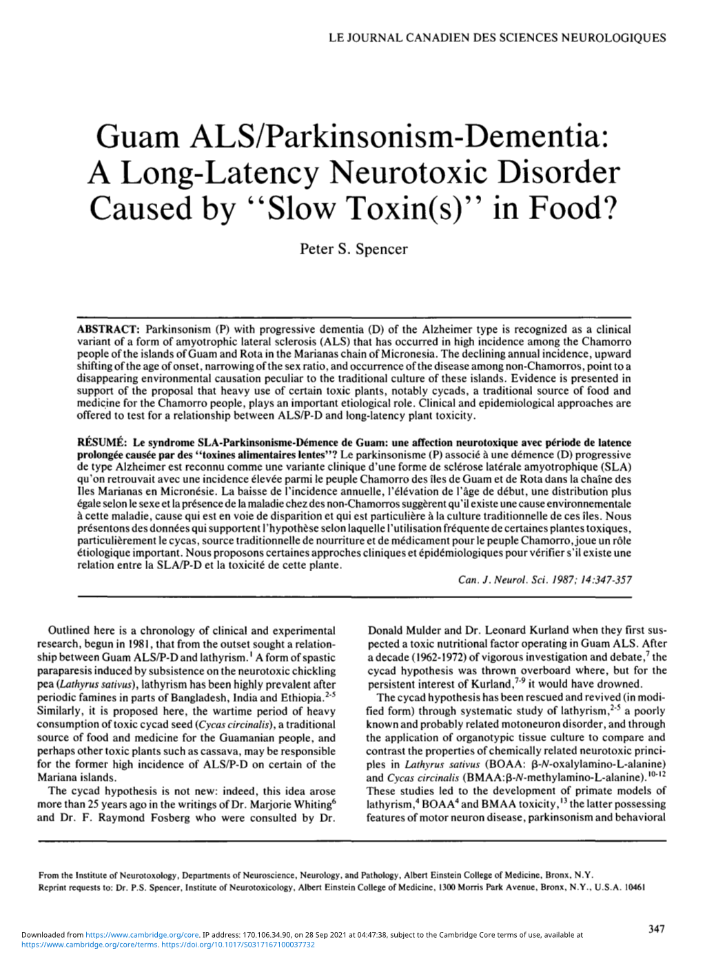 Guam ALS/Parkinsonism-Dementia: a Long-Latency Neurotoxic Disorder Caused by 