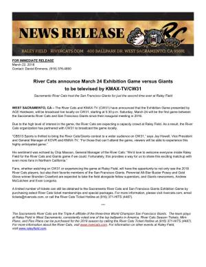 River Cats Announce March 24 Exhibition Game Versus Giants To
