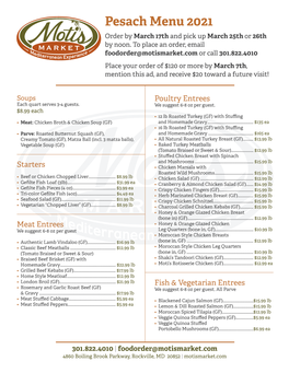 Pesach Menu 2021 Order by March 17Th and Pick up March 25Th Or 26Th by Noon
