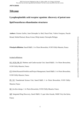 Lysophosphatidic Acid Receptor Agonism: Discovery of Potent Non- Lipid Benzofuran Ethanolamine Structures