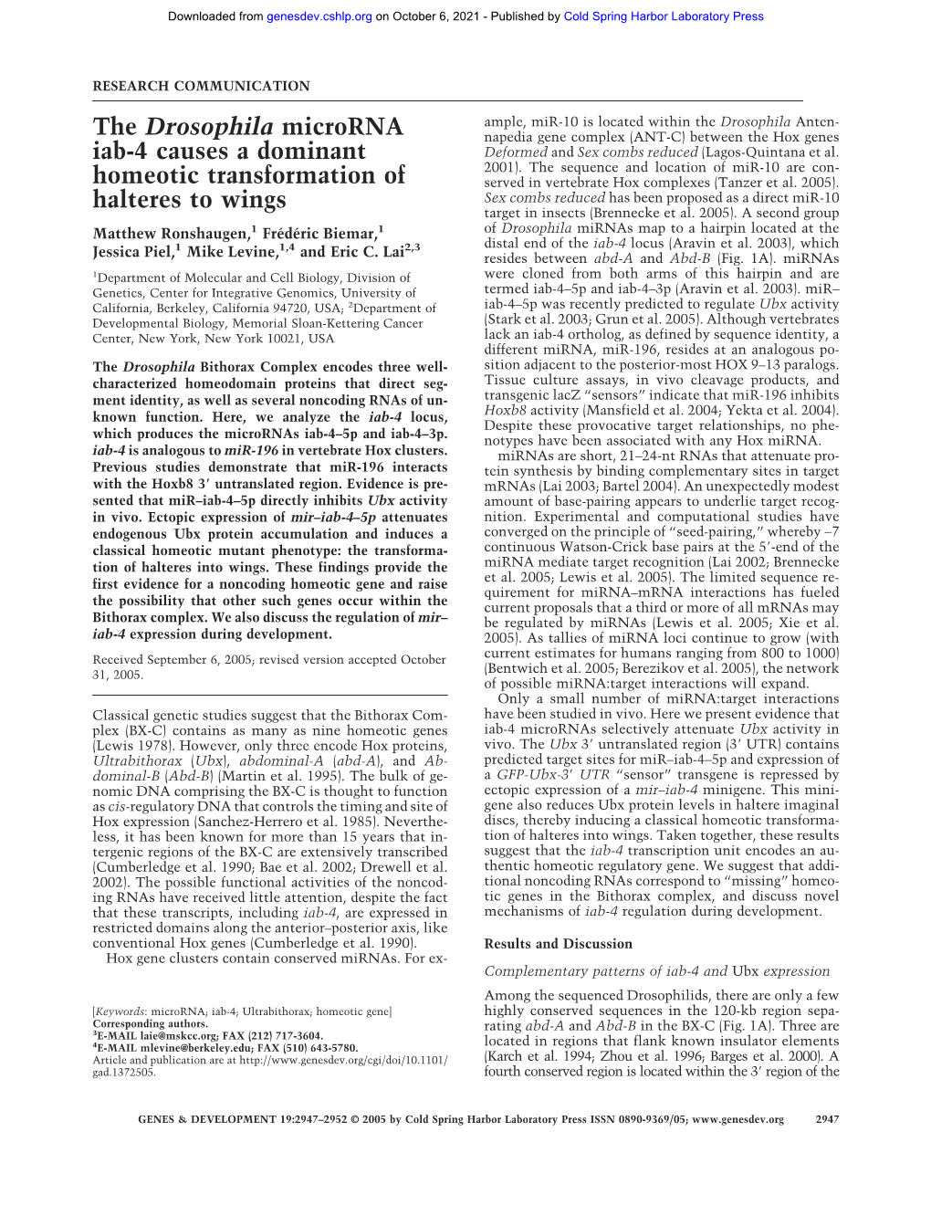 The Drosophila Microrna Iab-4 Causes a Dominant Homeotic Transformation of Halteres to Wings