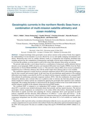 Geostrophic Currents in the Northern Nordic Seas from a Combination of Multi-Mission Satellite Altimetry and Ocean Modeling