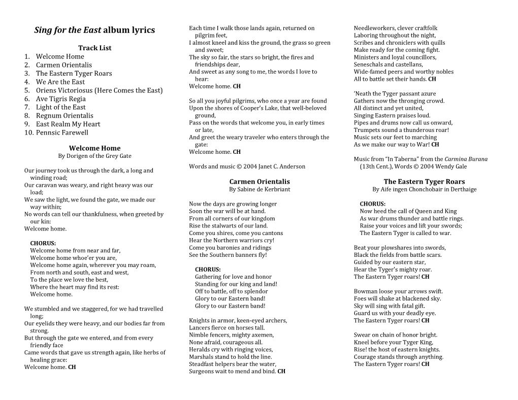 Sing for the East Album Lyrics