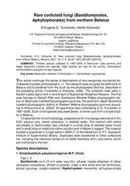 Rare Corticioid Fungi (Basidiomycetes, Aphyllophorales) from Northern Belarus