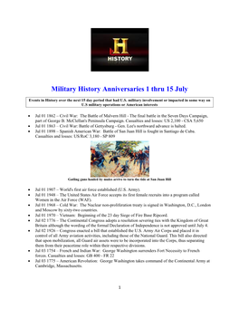 Military History Anniversaries 1 Thru 15 July
