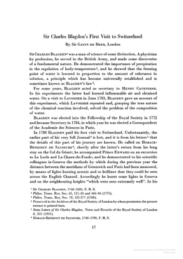 Sir Charles Blagden's First Visit to Switzerland by Sir Gavin De Beer, London