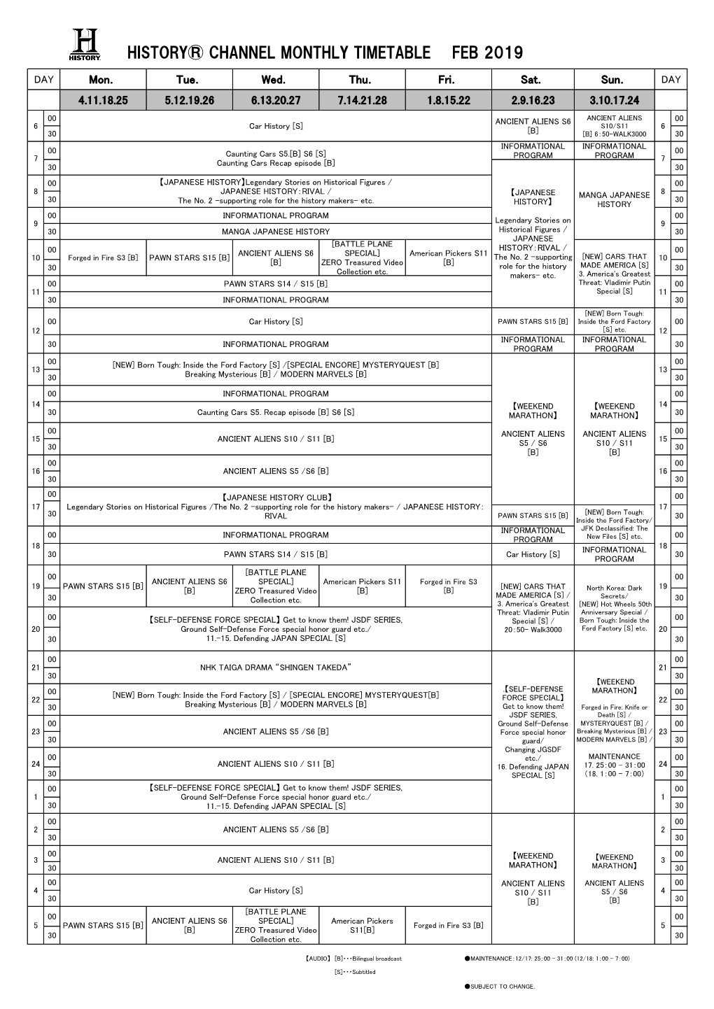 History® Channel Monthly Timetable Feb 2019