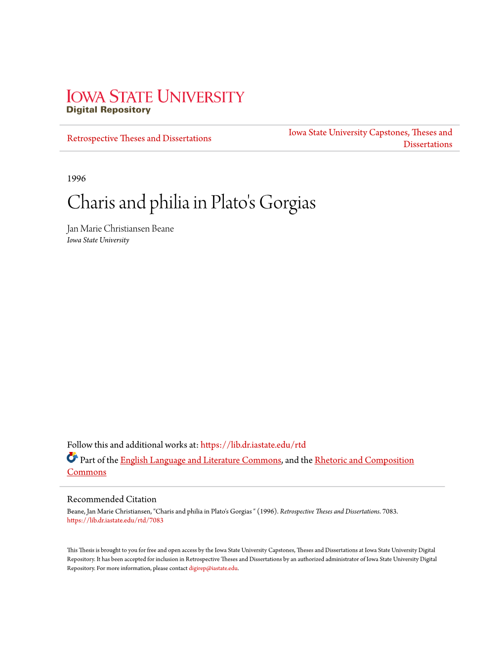 Charis and Philia in Plato's Gorgias Jan Marie Christiansen Beane Iowa State University