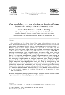 Claw Morphology, Prey Size Selection and Foraging Efficiency In