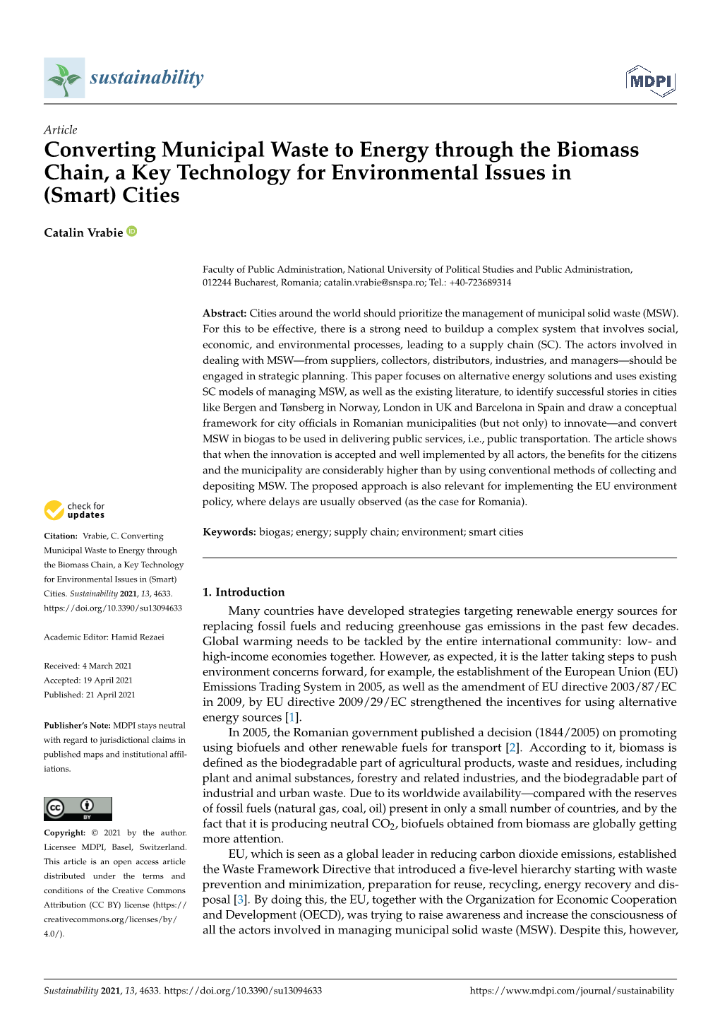 Converting Municipal Waste to Energy Through the Biomass Chain, a Key Technology for Environmental Issues in (Smart) Cities