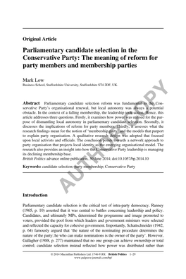 Parliamentary Candidate Selection in the Conservative Party: the Meaning of Reform for Party Members and Membership Parties