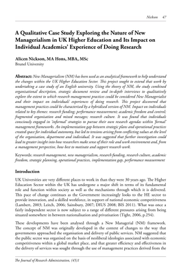 A Qualitative Case Study Exploring the Nature of New Managerialism in UK Higher Education and Its Impact on Individual Academics’ Experience of Doing Research