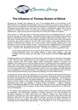 The Influence of Thomas Boston of Ettrick
