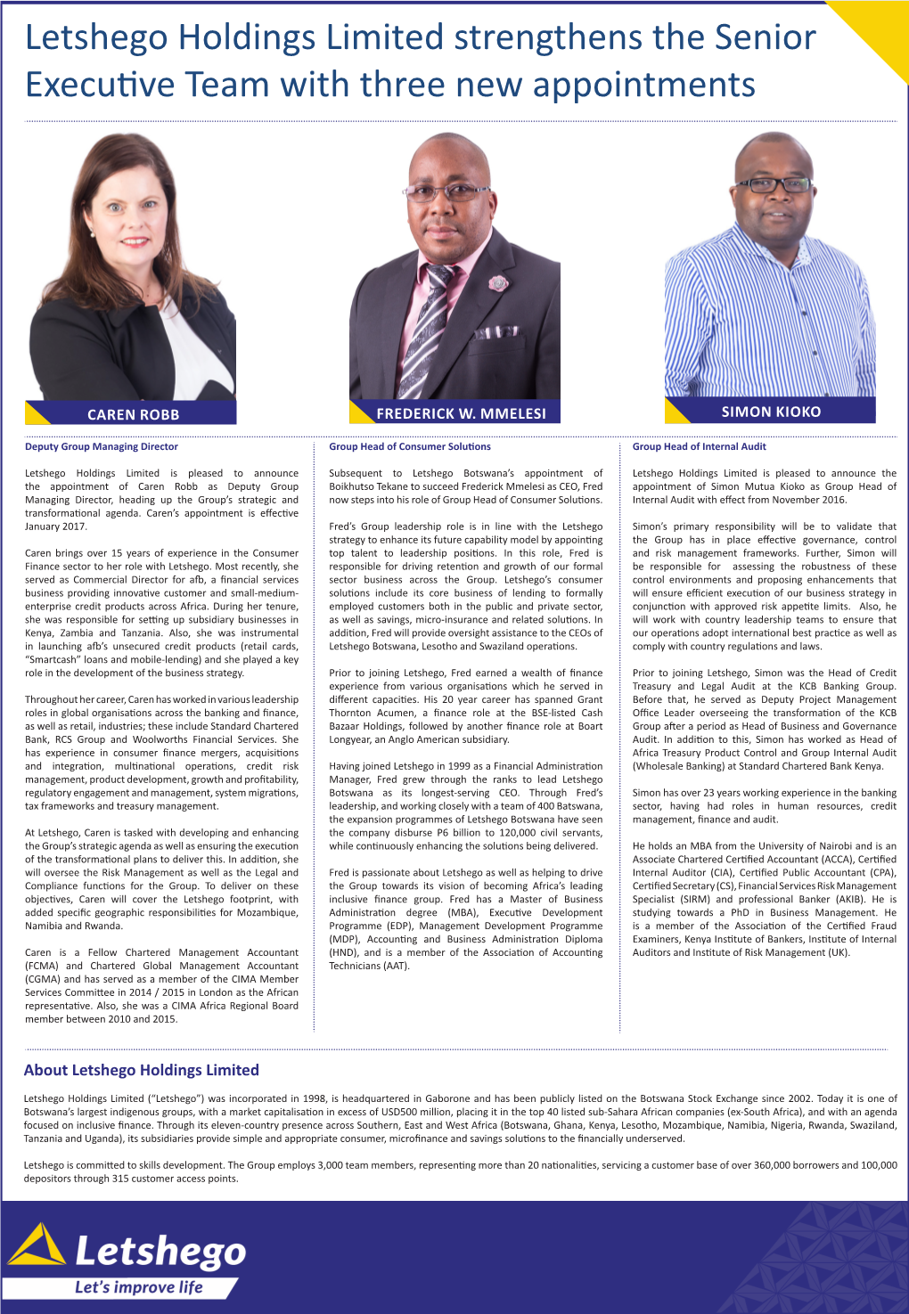 Letshego Holdings Limited Strengthens the Senior Executive