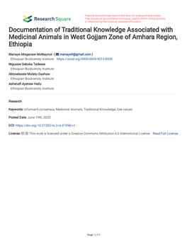 Documentation of Traditional Knowledge Associated with Medicinal Animals in West Gojjam Zone of Amhara Region, Ethiopia