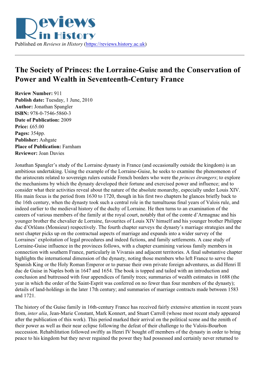 The Society of Princes: the Lorraine-Guise and the Conservation of Power and Wealth in Seventeenth-Century France