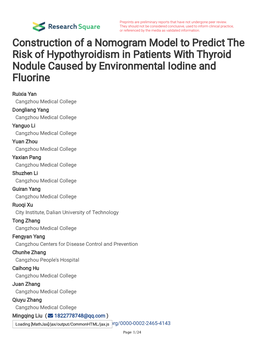 Construction of a Nomogram Model to Predict the Risk of Hypothyroidism in Patients with Thyroid Nodule Caused by Environmental Iodine and Fluorine