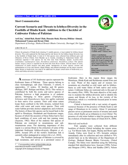 Current Scenario and Threats to Ichthyo-Diversity in the Foothills of Hindu Kush: Addition to the Checklist of Coldwater Fishes of Pakistan
