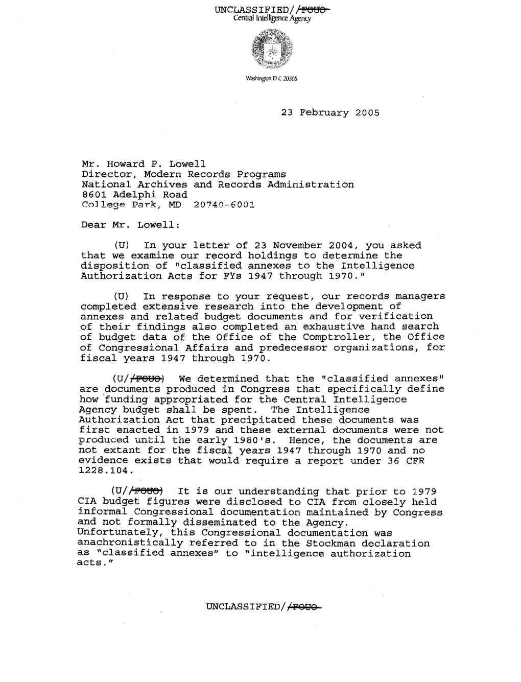 CIA Letter Says
