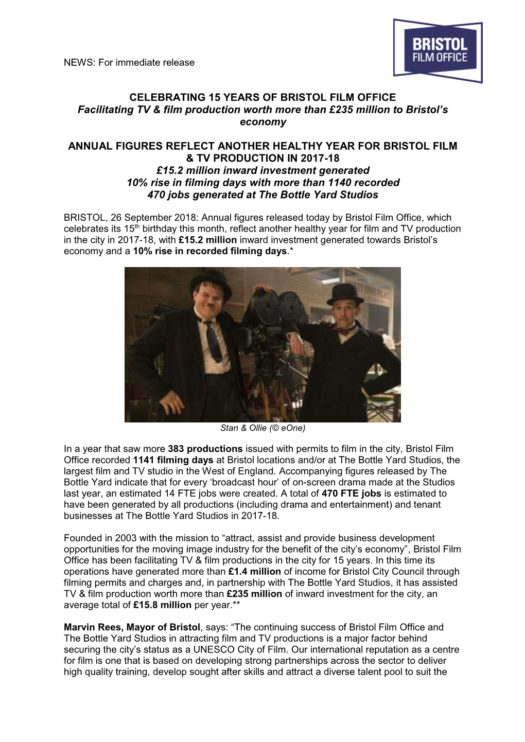 CELEBRATING 15 YEARS of BRISTOL FILM OFFICE Facilitating TV & Film Production Worth More Than £235 Million to Bristol’S Economy