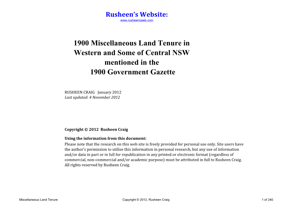 1900 Miscellaneous Land Tenure in Western and Some of Central NSW Mentioned in the 1900 Government Gazette