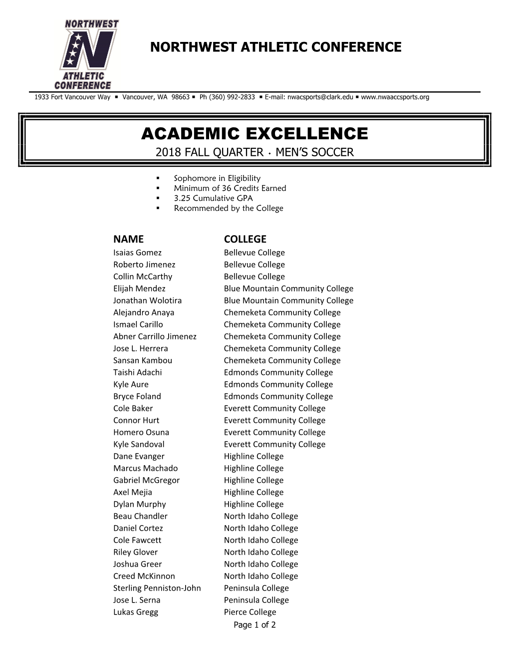 Academic Excellence Men’S Soccer ٠ Fall Quarter 2018