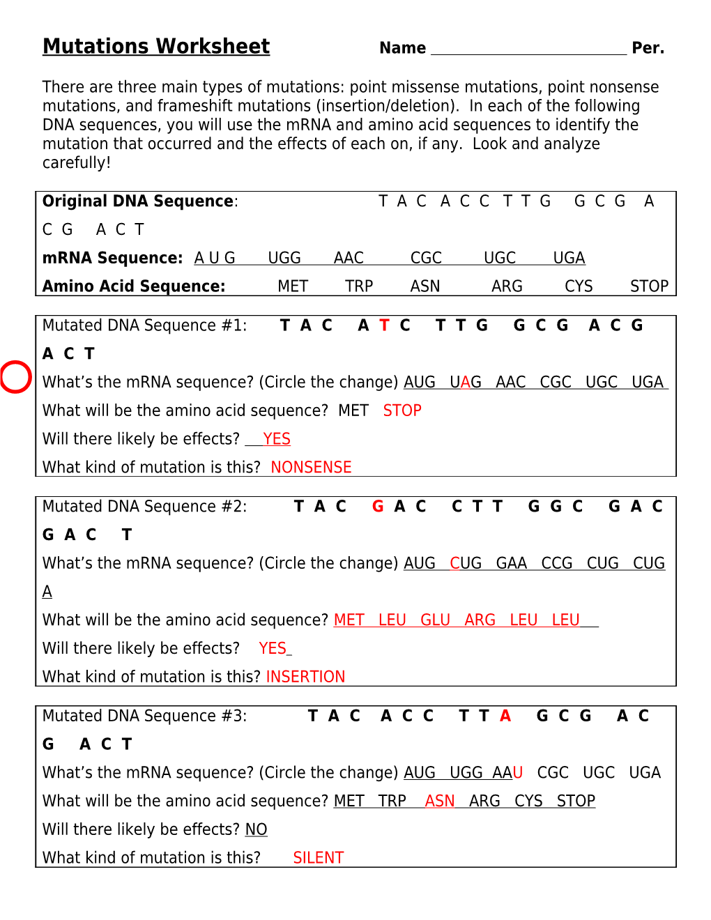 Mutations Worksheet Name Per