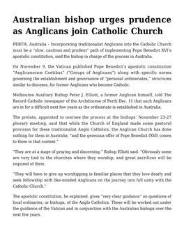 Australian Bishop Urges Prudence As Anglicans Join Catholic Church