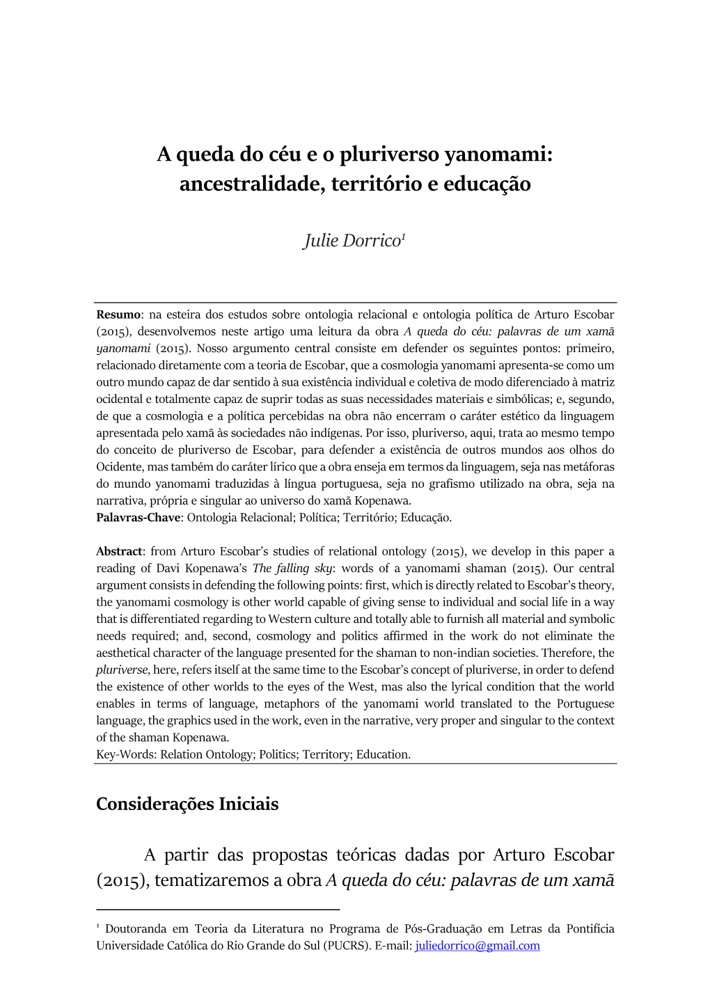 A Queda Do Céu E O Pluriverso Yanomami: Ancestralidade, Território E Educação