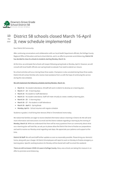 District 58 Schools Closed March 16-April 3; New Schedule
