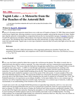 Tagish Lake -- a Meteorite from the Far Reaches of the Asteroid Belt