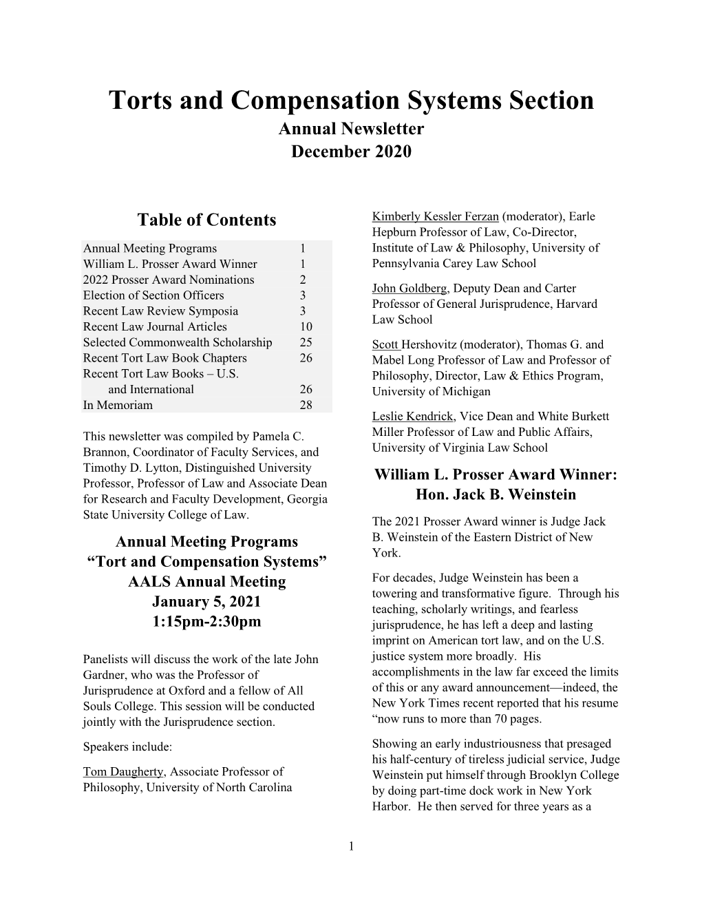 Torts and Compensation Systems Section Annual Newsletter December 2020